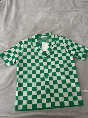 OAK + FORT Green and White Checkerboard Button-Down Top